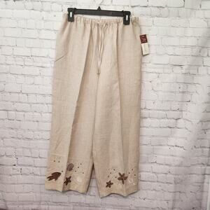 NWT JM Collection 100% Linen Tan Embroidered Beaded Capri Pants Women 10